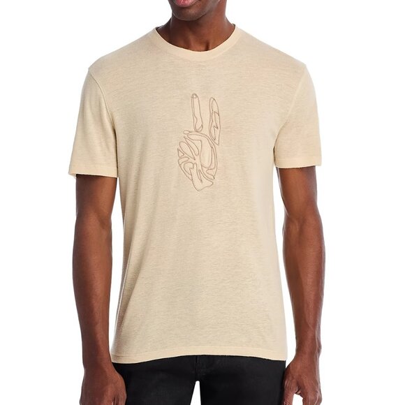 John Varvatos Men's Peace Sign Stitched Cording Linen SS Crew T-Shirt Twine - Picture 1 of 5